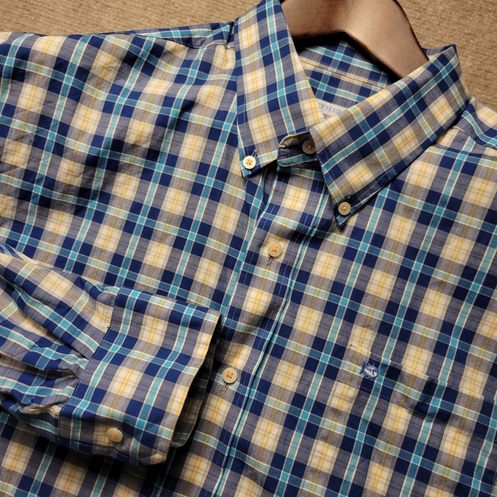 Southern Tide Button Down Shirt Mens XL Blue Yellow Plaid Classic Fit L/S